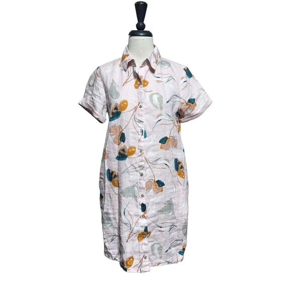 *SOLD* Rachel Zoe Short Sleeve Pink Floral Shirt Dress 100% Linen Size Small - Picture 1 of 5